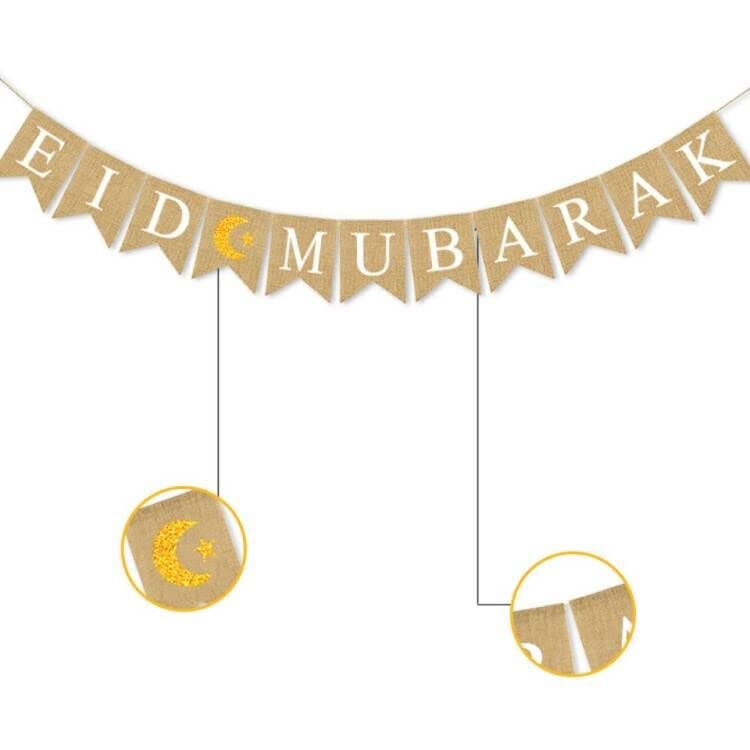 SWHATYW Burlap Eid Mubarak Banner Muslim Party Supplies Fireplace Mantel Decoration, Gold, 13cm*17cm - Image 3