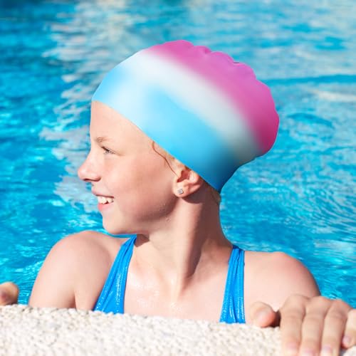 Juclise Silikon Badekappe Mädchen, Kinds und Jungen Wasserdicht für Lange und Kurze Haare UV Schutz, 1-2 Stück (Rosa Blau, 9-15) – Ansicht 6