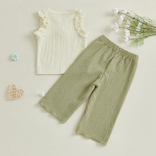 VISGOGO Toddler Girl Summer Outfits Sleeveless Ruffle Tank Tops + Bow Wide Leg Pants Set Flower 2Pcs Baby Girl Clothes4