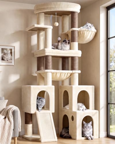 Image of Globlazer Tall Cat Tower for Indoor Adult Cats, 72-inch, S72G, Beige | Heavy Duty Cat Tree House for Big Cats with 2 Extra-Large Padded Platform, 7 Sisal Scratching Posts, 3 Large Condos