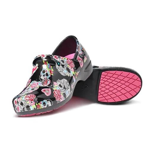Anywear SR Angel Nurse Shoes, Slip-Resistant Clogs for Women, Nurse Clogs and Chef Shoes for Women, 8, Sugar Skull Flutter