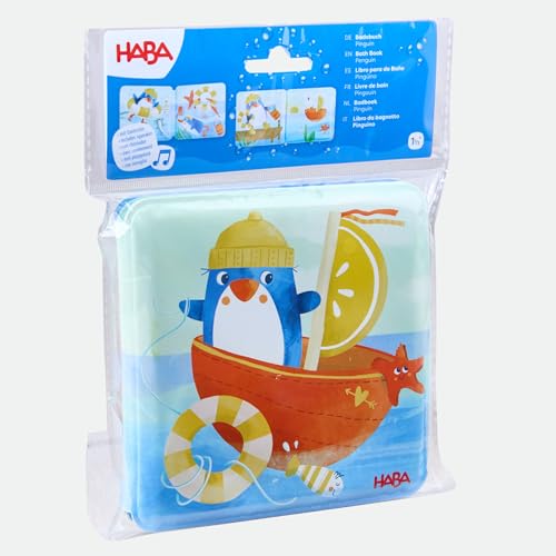 HABA Badebuch Pinguin – Wasserspaß für Babys ab 6 Monaten – Mit Quietsche-Effekt & bunten Illustrationen – Spritzfestes Spielzeug für Badewanne – 2012340001