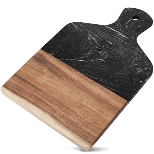 Tabla de cortar rectangular de mármol y madera Acacia negra con mango miniatura 1