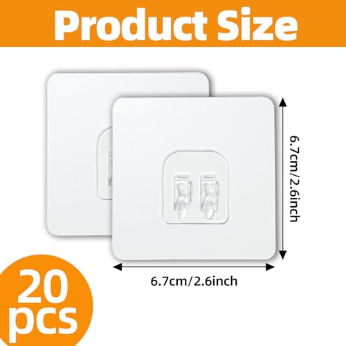 RAFIYU Klebehaken Transparent 20 Stück Selbstklebende Haken, 6.7 x 6.7cm Wandhaken Badezimmer für Dusch-Caddy Ohne Bohren Extrem Stark Heavy Duty 10kg (Max) für Küche Baden Toilette Türwand