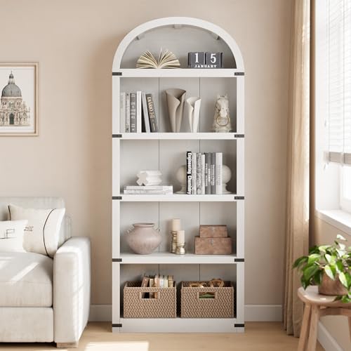 GarveeHome Bookcase 5 Shelf Arched Bookshelf 71.65 in Tall Bookcase Farmhouse Display Storage Rack Wooden Bookshelves for Home Office, Living Room (White) by GarveeHome - Image 2