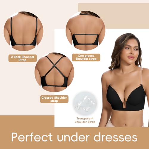Image of JOYSHAPER Plunge Bras for Women Backless Push Up Bras Low Cut Padded Bras Shaper Convertible with Clear Straps Dress Bra