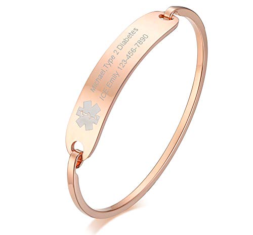 Vnox Free Engraving-Stainless Steel Medical Alert Id Bangle Bracelet,Rose Gold Plate,7.4"-8.0" #TOP22
