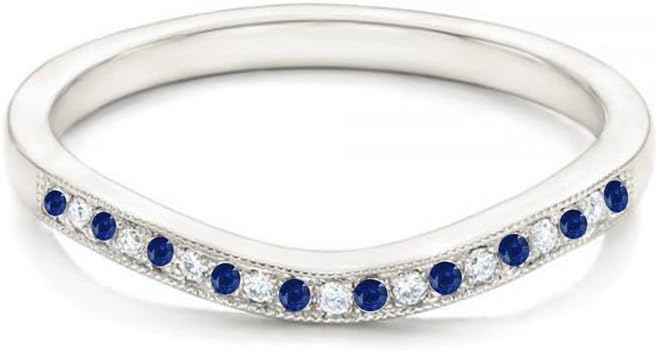 Alternate Blue Sapphire & White Diamond V Shaped Wedding Band For Women, 14k Gold Finish Blue Sapphire Milgrain Ring, Anniversary Band