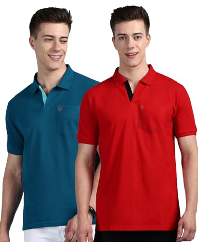 Image of Lux Cozi Men's Regular Fit Polo Neck Half Sleeve Solid Casual T-Shirt with Chest Pocket COZI 2122 EMRD RD 4XL 2PC