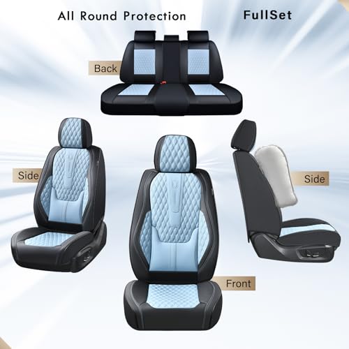 Image of Coverado Full Set Car Seat Covers, Nappa Leather Seat Covers for Car, Waterproof Car Seat Protector with Lumbar Support, Automotive Seat Covers Universal Fit for Most Cars SUV Trucks (Black-Blue)