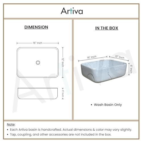 Image of Artiva Ceramic Wash Basin /Tabletop Washbasin For Bathroom,12 inchx16 inch /Small Countetop Bathroom Basin /Table Top Basin For Home,Office,Hotel /Rectangle Glossy Sink (Lina-White,12x16 Inch)