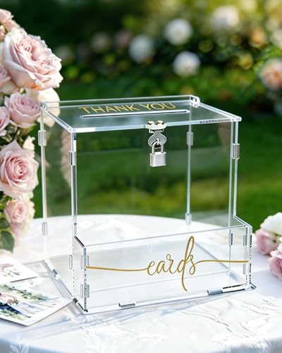 CORALMEE Wedding Card Box Clear Acrylic Card Box for Wedding Large Keepsake Holder with Flower Trough & Secure Lock Party Decorations & Gift Money Collection for Graduation Baby Shower Birthday