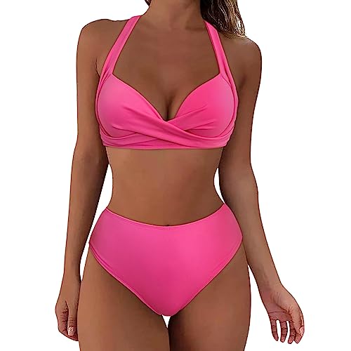 Genérico Bikini+Reductor+Pecho+Mujer Biquinis Bikini de Cintura Alta con Cuello para Mujer, Traje baño Sexy Corte, Piezas Bikinis Natacion Top Talla Grande (Hot Pink, S)