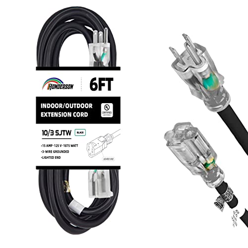 Honderson 6Ft Lighted Outdoor Extension Cord - 10/3 Sjtw Heavy Duty Black Extension Cable With 3 Prong Grounded Plug For Safety,Ul Listed #TOP9