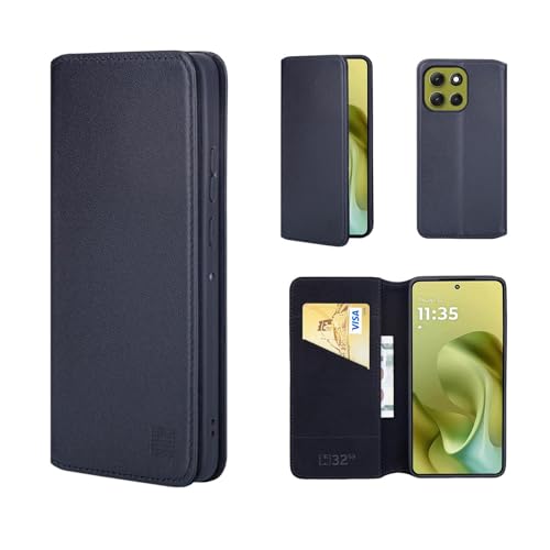 32nd Klassische Serie 2.0 - Lederhülle Hülle Cover für Motorola Moto G86, Echtleder Hülle Mit RFID-Blockierung Kartensteckplatz, Magnetverschluss & Standfuß - Schwarz