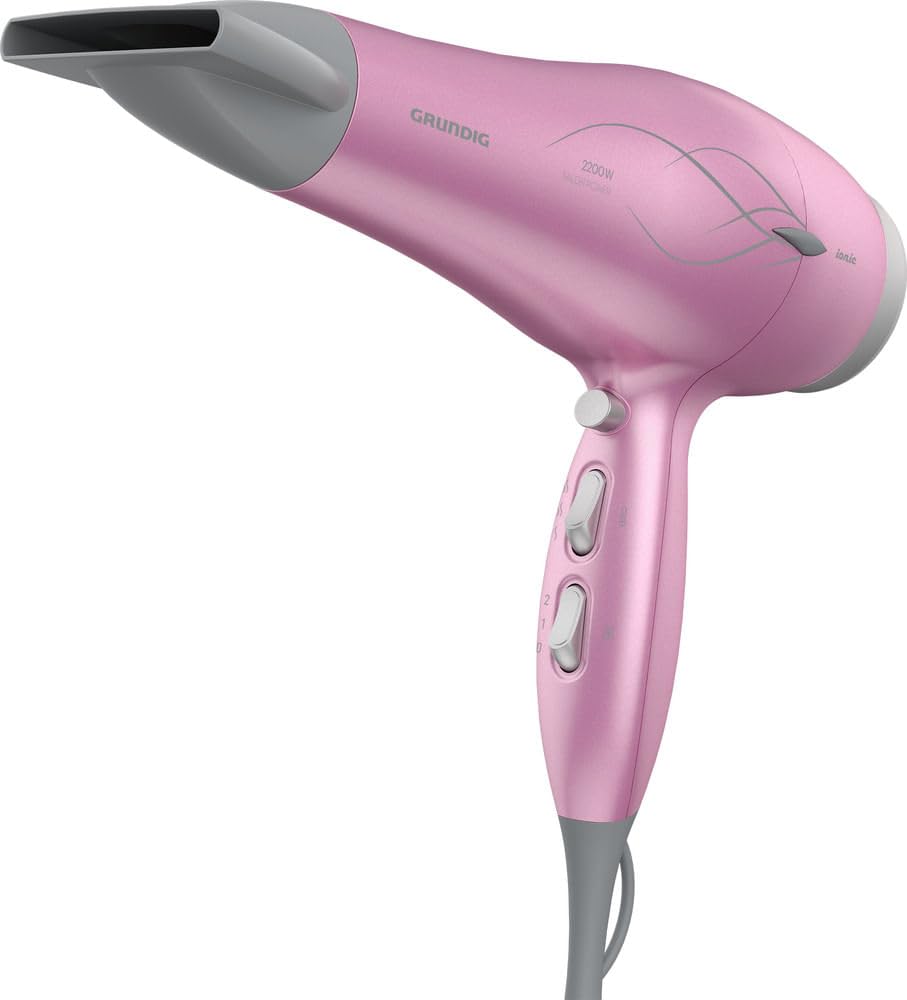 Grundig - HD 6280 Haartrockner - 2200W mit Ionen-Funktion & Pink Lotusöl - Keramikbeschichtung - 3 Temperaturstufen - Inkl. Diffusor - Rosa/Silber