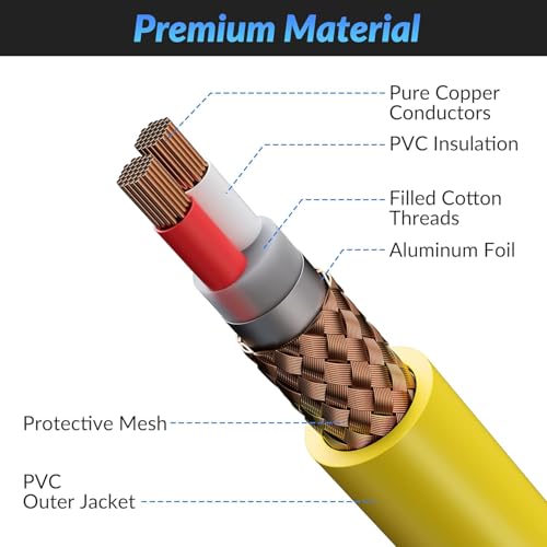 Image of SeCro 6.35mm Guitar Cable Premium 6.35mm Mono Jack 1 /4 inch TS Cable Unbalanced Guitar Patch Cords /Instrument Cable Male to Male with Zinc Alloy Housing. (YELLOW, 164Feet(50Meter))