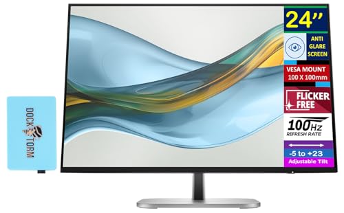 HP Series 5 Pro 24' 100Hz 300 Nits WUXGA IPS Monitor, Anti Glare, Flicker Free, VESA Mount (100mm), Adjustable Tilt, Swivel, Pivot, Displayport & Dockztorm USB Port Expander, Black/Silver Color