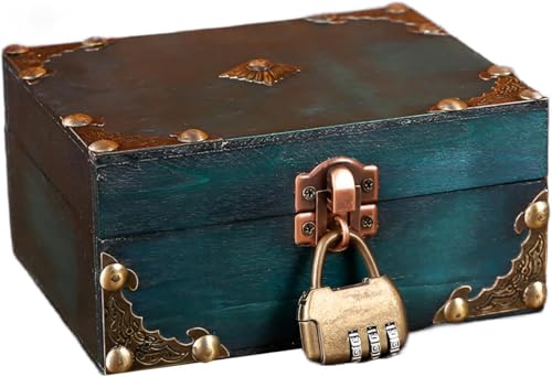 Ruikcoll Cofre del tesoro de madera vintage, cofre del tesoro con cerradura de combinación, caja de madera verde para guardar y decorar regalos