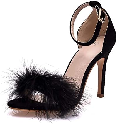 JOEupin Women's Fluffy Marabou Feather High Heels Strappy Heeled Sandals with Fur