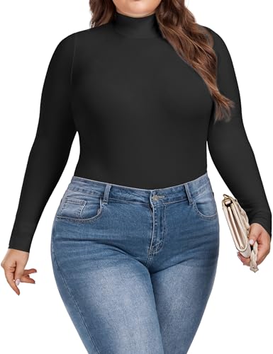 COOTRY Women's Plus Size Mock Turtle Neck Bodysuit Long Sleeve Basic Tops2