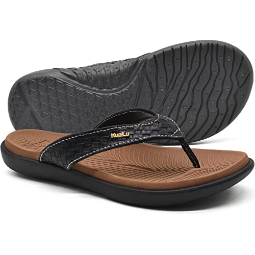 Kuailu Flip Flops For Women Ladies Yoga Mat Comfortable Sport Walking Thong Sandal With Plantar Fasciitis Arch Support Slip-On Slides Indoor Outdoor For Summer Size 7.5 Khaki Black #TOP1