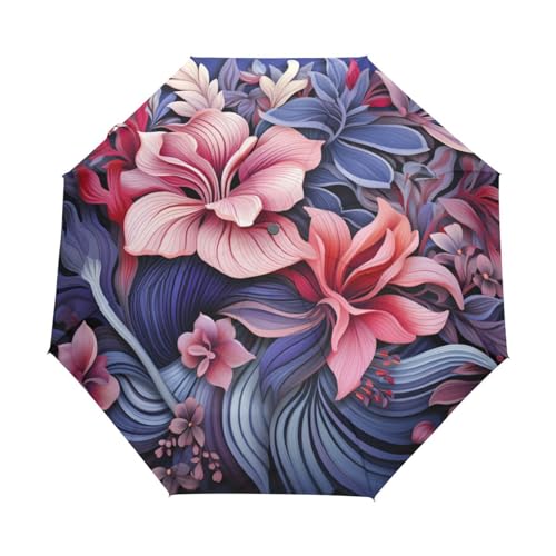 Parapluie pliable automatique de voyage compact motif floral rose violet