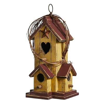 Glitzhome Birdhouses for Outdoors,Hummingbird Houses for Outside, 11.5"H Yellow Hand Painted Distressed Solid Wood Bird Nesting Box Decorative Birdhouse with Rattan Hanging Bird House for Patio Garden
