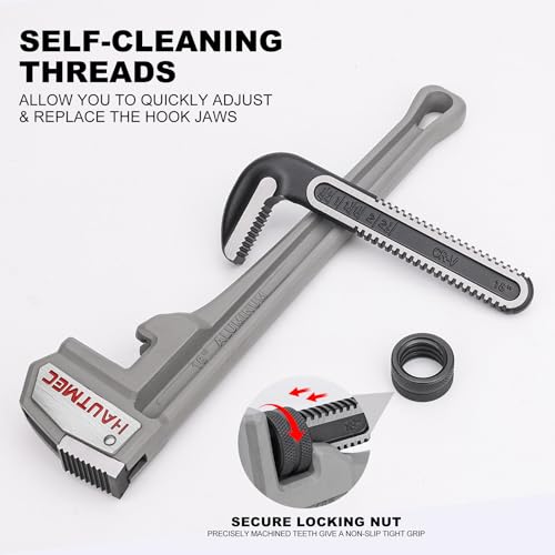 Image of HAUTMEC 18 Inch Aluminum Straight Pipe Wrench,Heavy Duty Adjustable Plumbing Wrench, 2-1 /2 inch Jaw Capacity,for Pipes, Tees, Ball Valves and Other Objects HT0186-PW