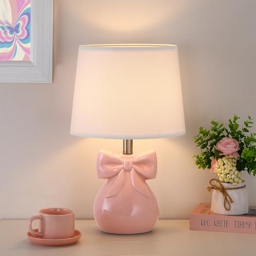 Hapcrea Pink Bow Table Lamp for Girls Room 19 Ceramic Cute Lamp for Bedroom Classic Bedside Lamp for Nightstand Modern Table Lamp for Living Room with Rotary Swtich (Bulb Included)