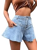 Floerns Women's High Waist Ruffle Raw Hem Loose Fit Wide Leg Denim Shorts Light Blue L
