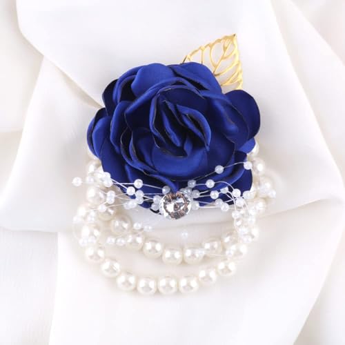 WANLIAN Blue Bridesmaid Wrist Corsage Wedding Flowers Prom Rose Corsage and Boutonniere Set for Wedding Party Prom Wedding Ceremony Anniversary Set of 2(Blue) - Thumbnail 2