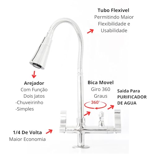 Torneira Flexivel De Cozinha Mesa Com Saída Para Purificador De Agua 1/4 Tubo Cromado Dois Jatos Sam