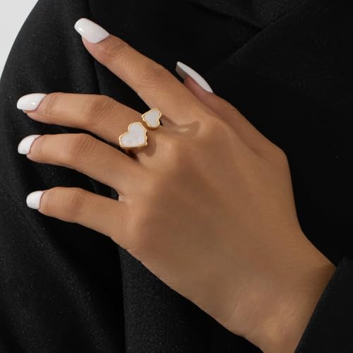 Retro Enamel Double Hearts Open Statement Ring for Women Fashion Simple Asymmetry Love Hearted Wrap Finger Knuckle Adjustable Bands Rings Gold Plated Wedding Eternity Promise Engagement Jewelry3