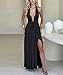 Ekaliy Women's Sexy Halter Deep V Neck Maxi Dress Sleeveless Backless High Slit Ruched Long Dress Summer Party Cocktail Dress Black