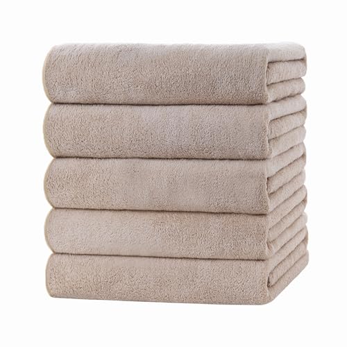 バスタオル マイクロファイバー 大判 5枚セット 約60×120cm タオル 吸水早い 柔らかい ふわふわ 肌に優しい 抗菌防臭 毛羽落ちにくい 家庭用 風呂上がり プレゼント (ベージュ)
