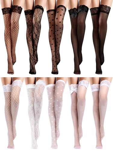 Fourluoo 10 Pairs Silk Thigh High Stocking for Women Lace Top Sheer over Knee Stocking with Bow for Halloween