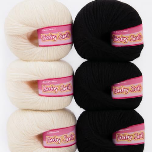 Image of Vardhman BabySoft Knitting Yarn | 100% Acrylic Wool | 4 Ply | Thin Knitting & Crocheting Hook Thread & Lightweight | Special Baby Wool | 150 Grams (6 Balls of 25g) | Machine Washable | Ideal for Blankets, Hats, Booties Ultra-Soft for Baby Sweaters, Blankets, Caps, Socks, Soft toys, Art & craft (Off White 11 + Black 21)