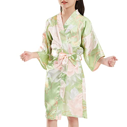 Girls Long Vintage Sleepwear Print Half Sleeve Princess Nightdress Floral Kimono Robe for Little Girls Satin Bathrobe with Belt for Wedding and Spa Gift for Flower Girl and (Green, 11-12 Years)