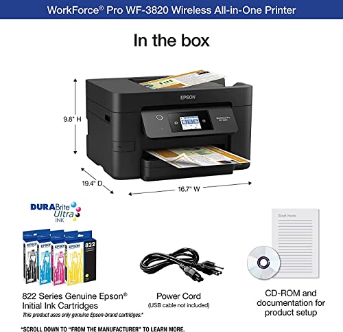 Epson Workforce Pro Wf-3820 Wireless All-In-One Color Inkjet Printer, Black - Print Scan Copy Fax - 4800 X 2400 Dpi, 21 Ppm, 8.5 X 14, 35-Sheet Adf, Auto 2-Sided Printing, Wifi Direct, Usb, Ethernet #TOP7