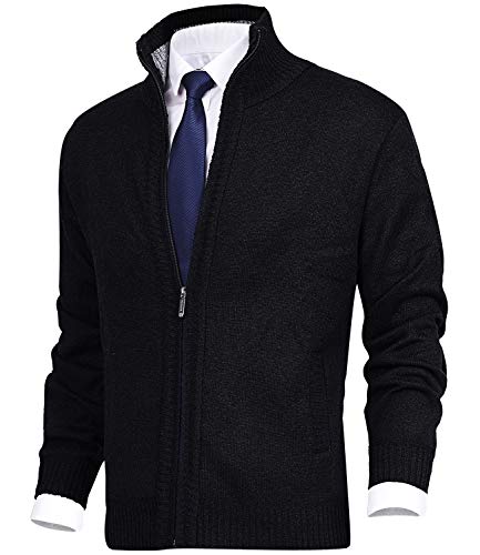 MACHLAB Men's Casual Cardigan Sweaters Slim Fit Fleece Full Zip Thick Knitted Cardigan Winter Outwear Black#1383 M
