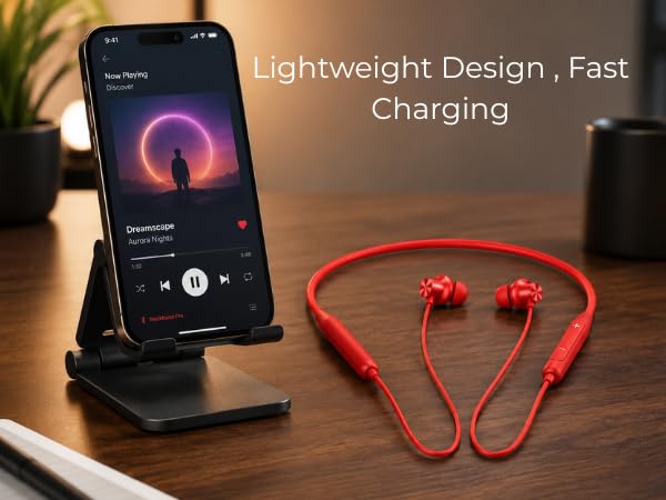 Image of Lynacz Original Bluetooth Neckband Compatible with Lenovo Z3, Nord, 13, 12 ETC Neckband Fast Charging Support, Deep Bass Audio, 45dB ANC, Dual Pair Mode & 28H Playback (Orange)