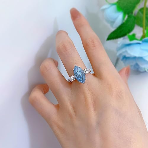 925 Sterling Silver Rings for Women, Solitaire Engagement Ring, Marquise Cut Simulated Blue Topaz Wedding Band Promise Ring for Her2