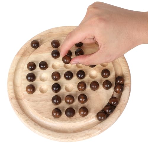 Image of Gothink Solid Wood Solitaire Game, Classic Handcrafted 9'' Wooden Solitaire Board, 33 Smooth Wooden Balls, Single Strategic Mind Game for Kids and Adults