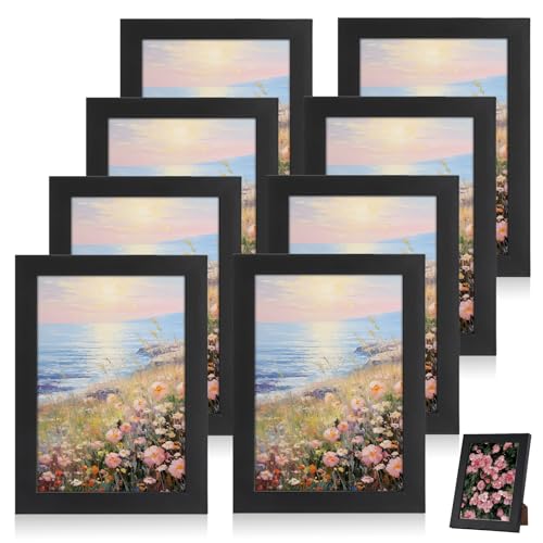 VEGOATY Set di 8 cornici portafoto in legno, 13 x 18 cm, colore nero, con vetro acrilico, da appendere e posizionare, semplice cornice, per foto, certificati, stampe artistiche