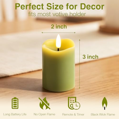 Image of Sage Green Flameless Votive Candles with Remote Batteries Set of 6 | 2x3 inch Small Flickering LED Pillar Candles, Battery Powered, Real Wax Coating, Home Table Shelf Decor
