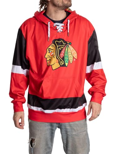 Calhoun NHL Mens Lace-Up Hoodie Officially Licensed Team Sweatshirt Relaxed Fit Premium Hockey Fan Gear (Large Chicago Blackhawks)