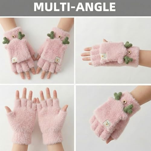 Image of Kraptick Women's Cute Reindeer Plush Convertible Fingerless Gloves - Winter Warm Fluffy Flip-Top Mittens - Korean Style Soft Hand Warmers for Girls & Ladies (Free Size, White)-3