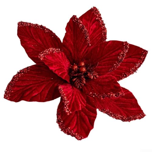 Encantadora flor de Pascua hecha a mano, 30 cm, adorno brillante para árbol de Navidad para vibraciones festivas (rojo)