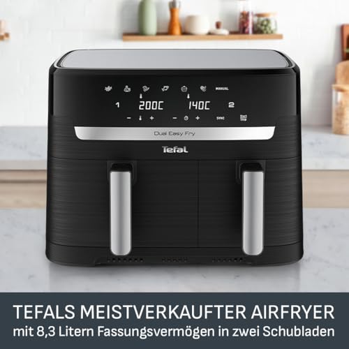 Tefal Dual Easy Fry Heißluftfritteuse 8,3 L – Airfryer mit 2 Kammern & XL-Schublade, 7 Programme, 2700 W, Extra-Crisp-Technologie, fettarm frittieren & energiesparend, spülmaschinenfest EY9018